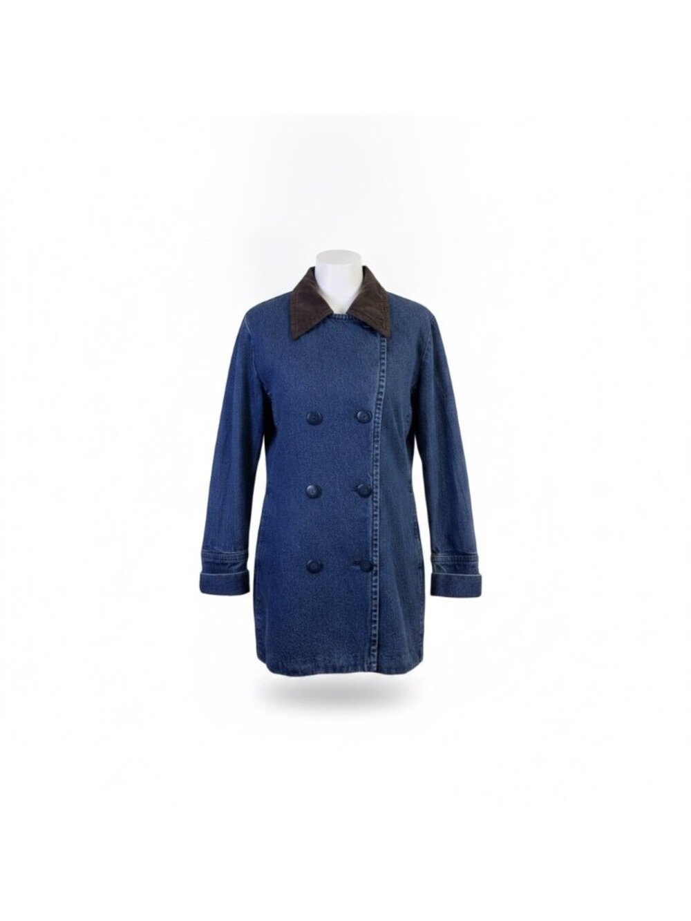 Dressbarn Womens Blue Denim Double-Breasted Jacket With Contrast Collar